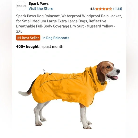 Spark Paws Yellow Waterproof Dog Raincoat-New! - Picture 1 of 4